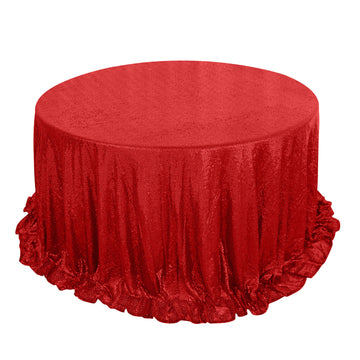 132" Red Seamless Premium Sequin Round Tablecloth, Sparkly Tablecloth for 6 Foot Table With Floor-Length Drop