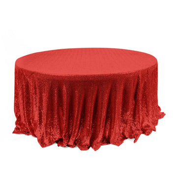 120" Red Seamless Premium Sequin Round Tablecloth for 5 Foot Table With Floor-Length Drop