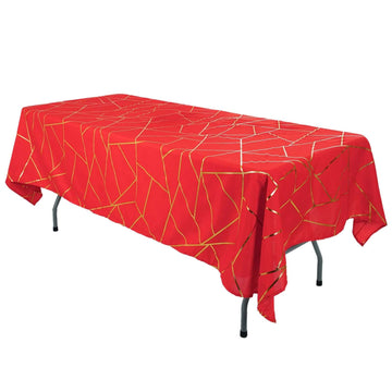 Polyester 60"x102" Rectangle Tablecloth Red with Gold Foil Geometric Pattern - Wrinkle-Resistant & Durable Table Cover