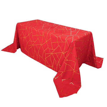 Polyester 90"x132" Rectangle Tablecloth Red Seamless with Gold Foil Geometric Pattern - Wrinkle-Resistant Seamless Table Cover