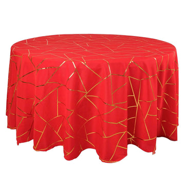 120" Red Seamless Round Polyester Tablecloth With Gold Foil Geometric Pattern for 5 Foot Table With Floor-Length Drop