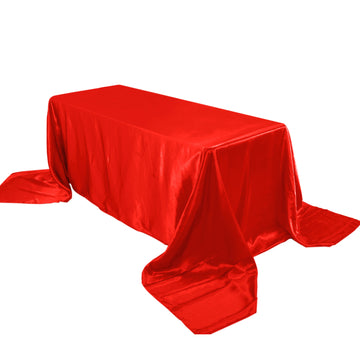 90"x156" Red Seamless Satin Rectangular Tablecloth for 8 Foot Table With Floor-Length Drop