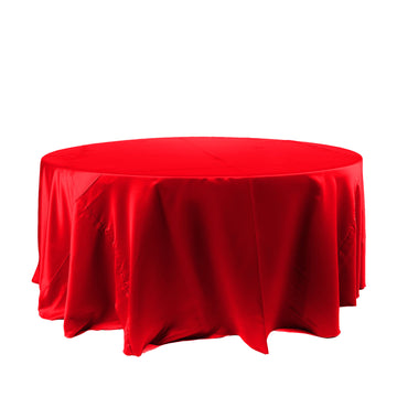 120" Red Seamless Satin Round Tablecloth for 5 Foot Table With Floor-Length Drop