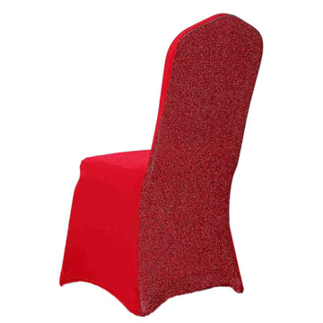 Red Spandex Stretch Banquet Chair Cover, Fitted with Metallic Shimmer Tinsel Back