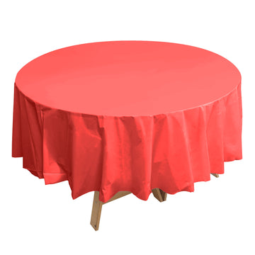 84" Red Waterproof Plastic Tablecloth, PVC Round Disposable Table Cover