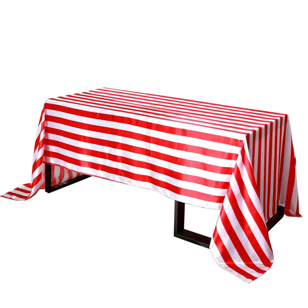 Red White Satin Stripe Tablecloth 90x156 | tableclothsfactory.com