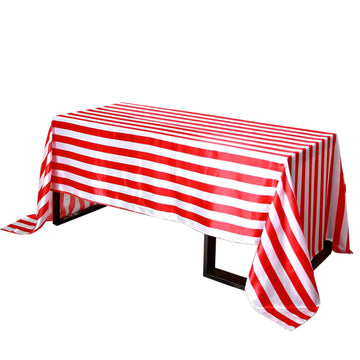 90"x156" Red White Seamless Stripe Satin Rectangle Tablecloth for 8 Foot Table With Floor-Length Drop