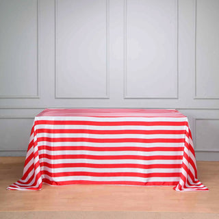 Add Elegance to Your Event with the Red/White Seamless Stripe Satin Rectangle Tablecloth