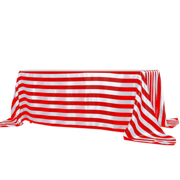 90"x132" Red White Seamless Stripe Satin Rectangle Tablecloth for 6 Foot Table With Floor-Length Drop