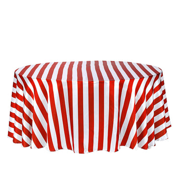 120" Red White Seamless Stripe Satin Round Tablecloth for 5 Foot Table With Floor-Length Drop