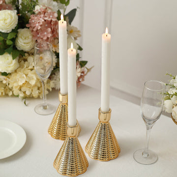 3 Pack | 5" Ribbed Metallic Gold Ceramic Taper Candlestick Stands, Cone Shaped Candle Holders