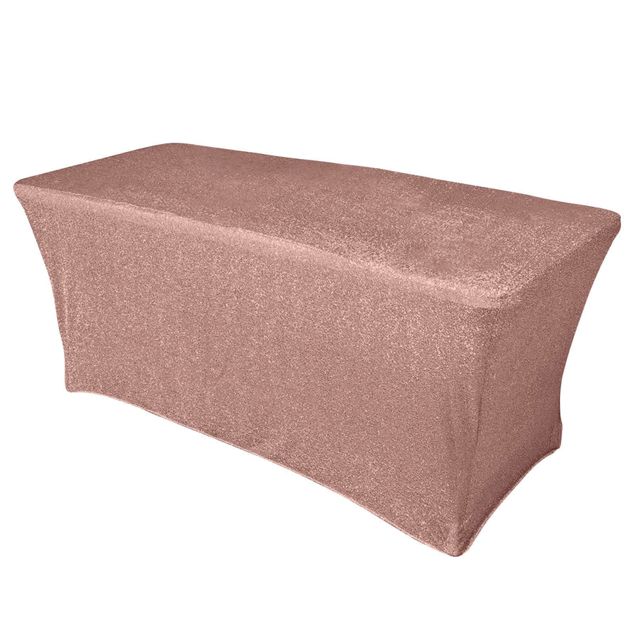 6ft Blush Metallic Shimmer Tinsel Spandex Table Cover, Rectangular Fitted Tablecloth