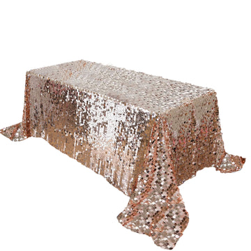 90"x132" Rose Gold Seamless Big Payette Sequin Rectangle Tablecloth for 6 Foot Table With Floor-Length Drop