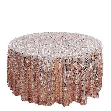 120" Rose Gold Seamless Big Payette Sequin Round Tablecloth Premium Collection for 5 Foot Table With Floor-Length Drop