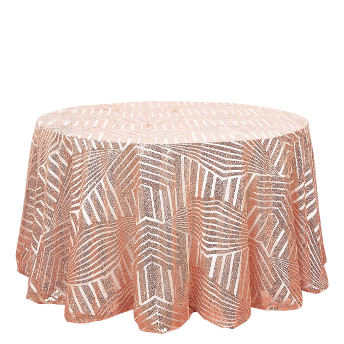 120inch Blush Rose Gold Glitz Sequin Geometric Tulle Round Tablecloth