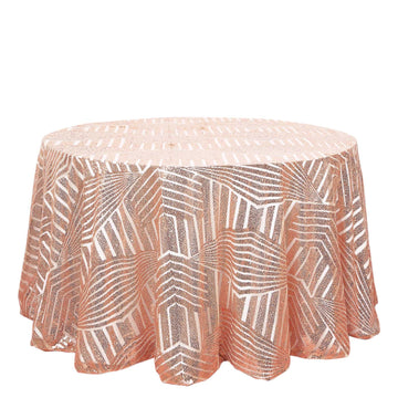 120" Rose Gold Seamless Diamond Glitz Sequin Round Tablecloth for 5 Foot Table With Floor-Length Drop