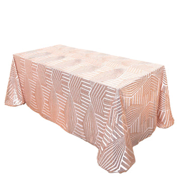 90"x132" Rose Gold Seamless Diamond Sequin Rectangular Tablecloth for 6 Foot Table With Floor-Length Drop