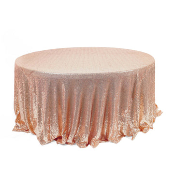 120" Rose Gold Seamless Premium Sequin Round Tablecloth for 5 Foot Table With Floor-Length Drop