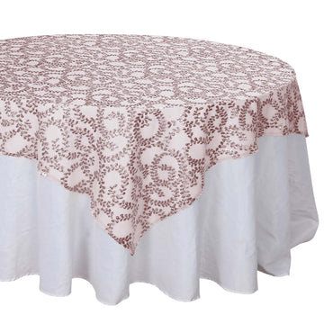 72"x72" Rose Gold Sequin Leaf Embroidered Seamless Tulle Table Overlay, Square Sheer Table Topper