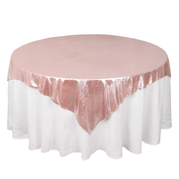 72"x72" Rose Gold Shimmer Sequin Dots Square Polyester Table Overlay, Wrinkle Free Sparkle Glitter Table Topper
