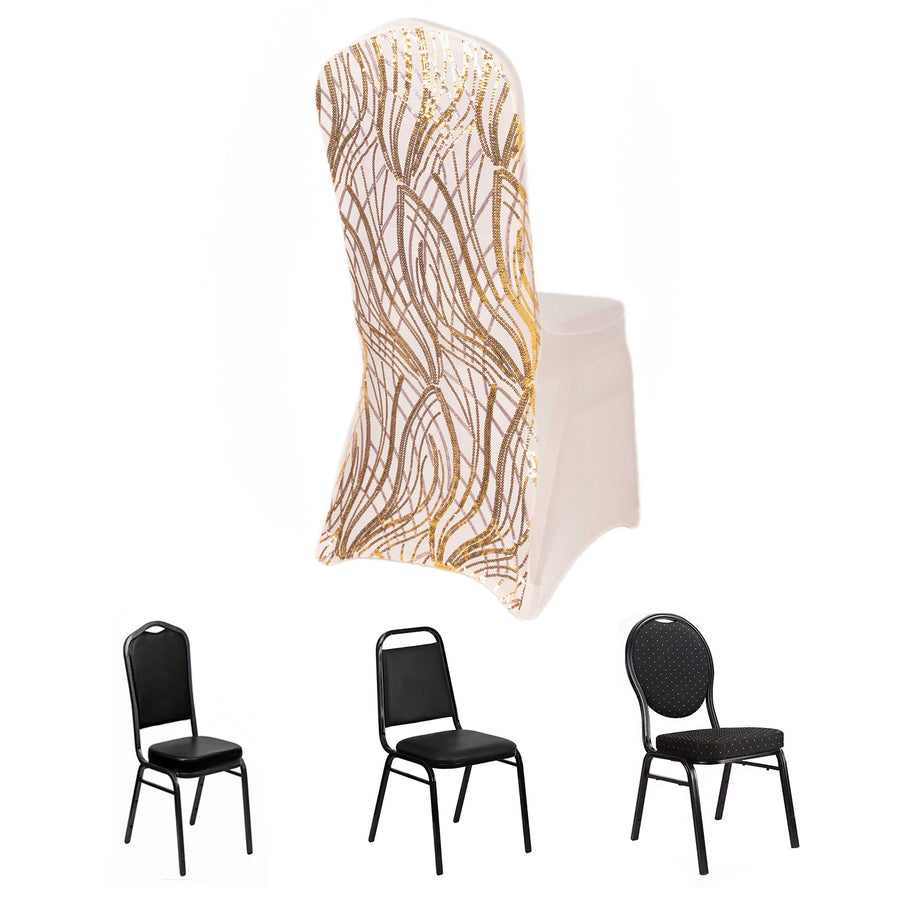 Rose Gold Spandex Fitted Banquet Chair Cover With Gold Wave Embroidered Sequins