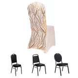 Rose Gold Spandex Fitted Banquet Chair Cover With Gold Wave Embroidered Sequins