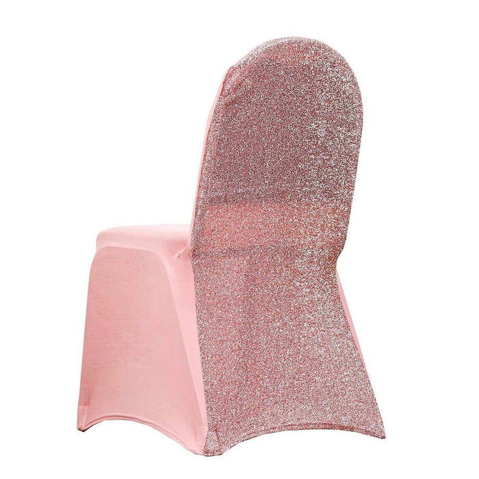 Rose Gold Spandex Stretch Banquet Chair Cover, Fitted with Metallic Shimmer Tinsel Back#whtbkgd