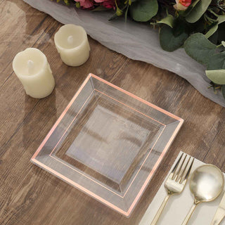 Elegant Rose Gold Trim Clear Disposable Square Salad Plates