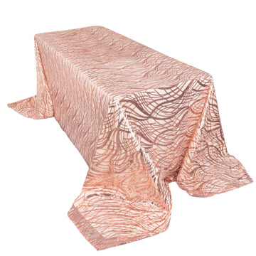 90"x156" Rose Gold Wave Mesh Rectangular Tablecloth With Embroidered Sequins for 8 Foot Table With Floor-Length Drop