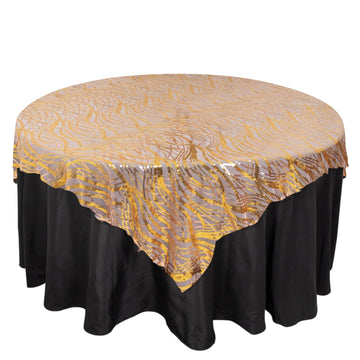 72"x72" Rose Gold Wave Mesh Square Table Overlay With Gold Embroidered Sequins