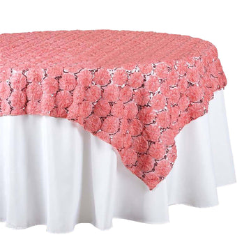 72"x72" Rose Quartz Satin 3D Blossoms Sequin Lace Square Table Overlay