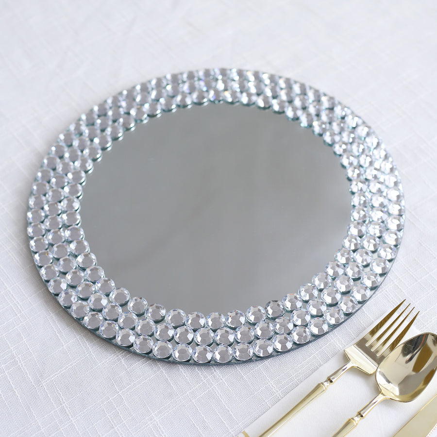 2 Pack | 13inch Round Silver Mirror Glass Charger Plates with Diamond Beaded Rim