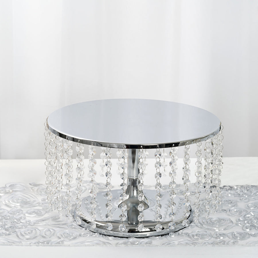 14" Round 8" Tall Metallic Silver Cake Stand, Cupcake Dessert Pedestal With Crystal Chains