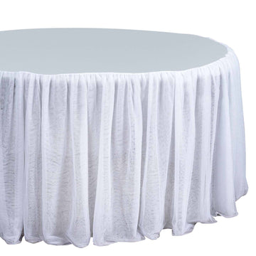 120" Round White 3 Layer Skirted Tablecloth, Fitted Tulle Tutu Satin Pleated Table Skirt for 5 Foot Table With Floor-Length Drop