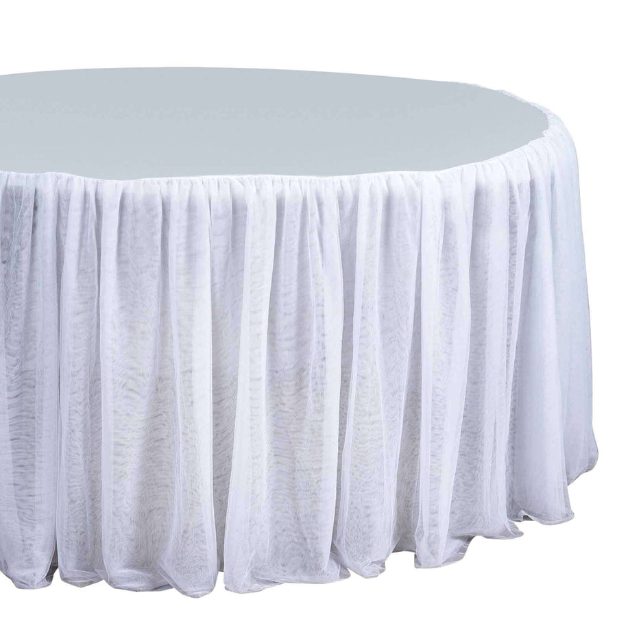 120" Round White 3 Layer - Skirted Tablecloth - Fitted Tulle Tutu Satin Pleated Table Skirt