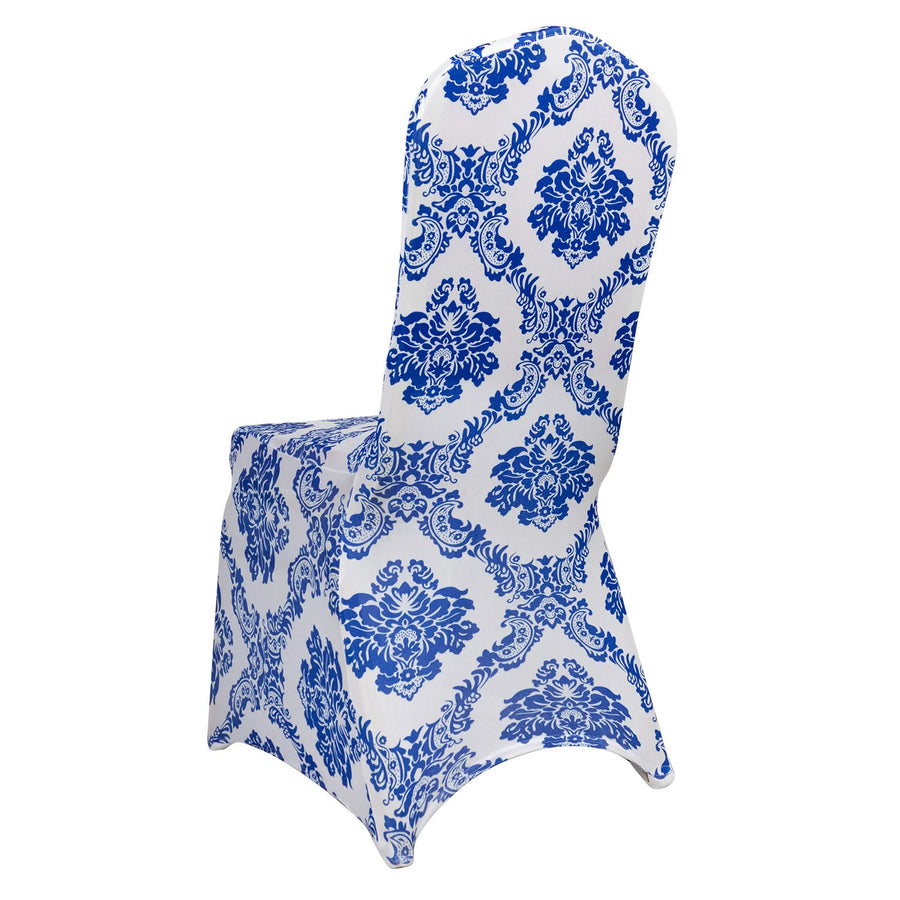 Royal Blue Flocking Damask Stretch Spandex Banquet Chair Cover With Foot Pockets, Premium#whtbkgd