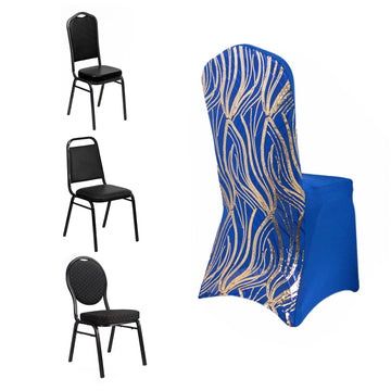 Royal Blue Gold Spandex Fitted Banquet Chair Cover With Wave Embroidered Sequins