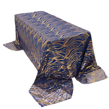 90"x156" Royal Blue Gold Wave Mesh Rectangular Tablecloth With Embroidered Sequins for 8 Foot Table With Floor-Length Drop