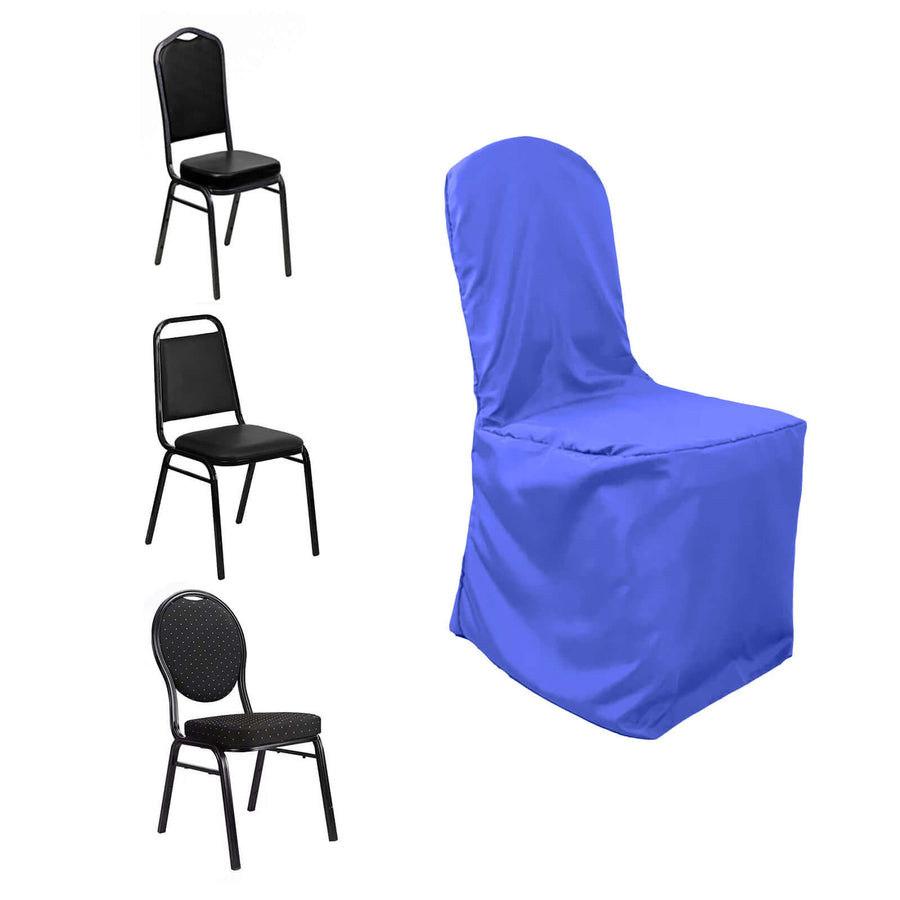 Royal Blue Polyester Banquet Chair Cover, Reusable Stain Resistant Slip On Chair Cover