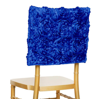 Create an Enchanting Ambiance with Royal Blue Satin Rosette Chiavari Chair Caps