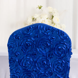 Durable and Stylish: The Royal Blue Satin Rosette Spandex Stretch Banquet Chair Cover