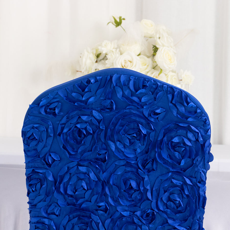Royal Blue Satin Rosette Spandex Stretch Banquet Chair Cover, Fitted Slip On Chair Cover