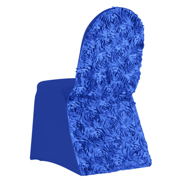 Royal Blue Satin Rosette Spandex Stretch Banquet Chair Cover, Fitted Chair Cover