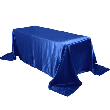 90"x132" Royal Blue Satin Seamless Rectangular Tablecloth for 6 Foot Table With Floor-Length Drop