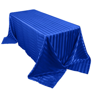 90"x132" Royal Blue Satin Stripe Seamless Rectangular Tablecloth for 6 Foot Table With Floor-Length Drop
