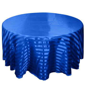 120" Royal Blue Satin Stripe Seamless Round Tablecloth for 5 Foot Table With Floor-Length Drop