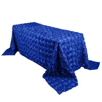 90"x132" Royal Blue Seamless Grandiose 3D Rosette Satin Rectangle Tablecloth for 6 Foot Table With Floor-Length Drop