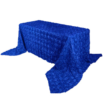 90"x156" Royal Blue Seamless Grandiose Rosette 3D Satin Rectangle Tablecloth