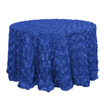 120" Royal Blue Seamless Grandiose 3D Rosette Satin Round Tablecloth for 5 Foot Table With Floor-Length Drop