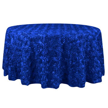 132" Royal Blue Seamless Grandiose Rosette 3D Satin Round Tablecloth for 6 Foot Table With Floor-Length Drop